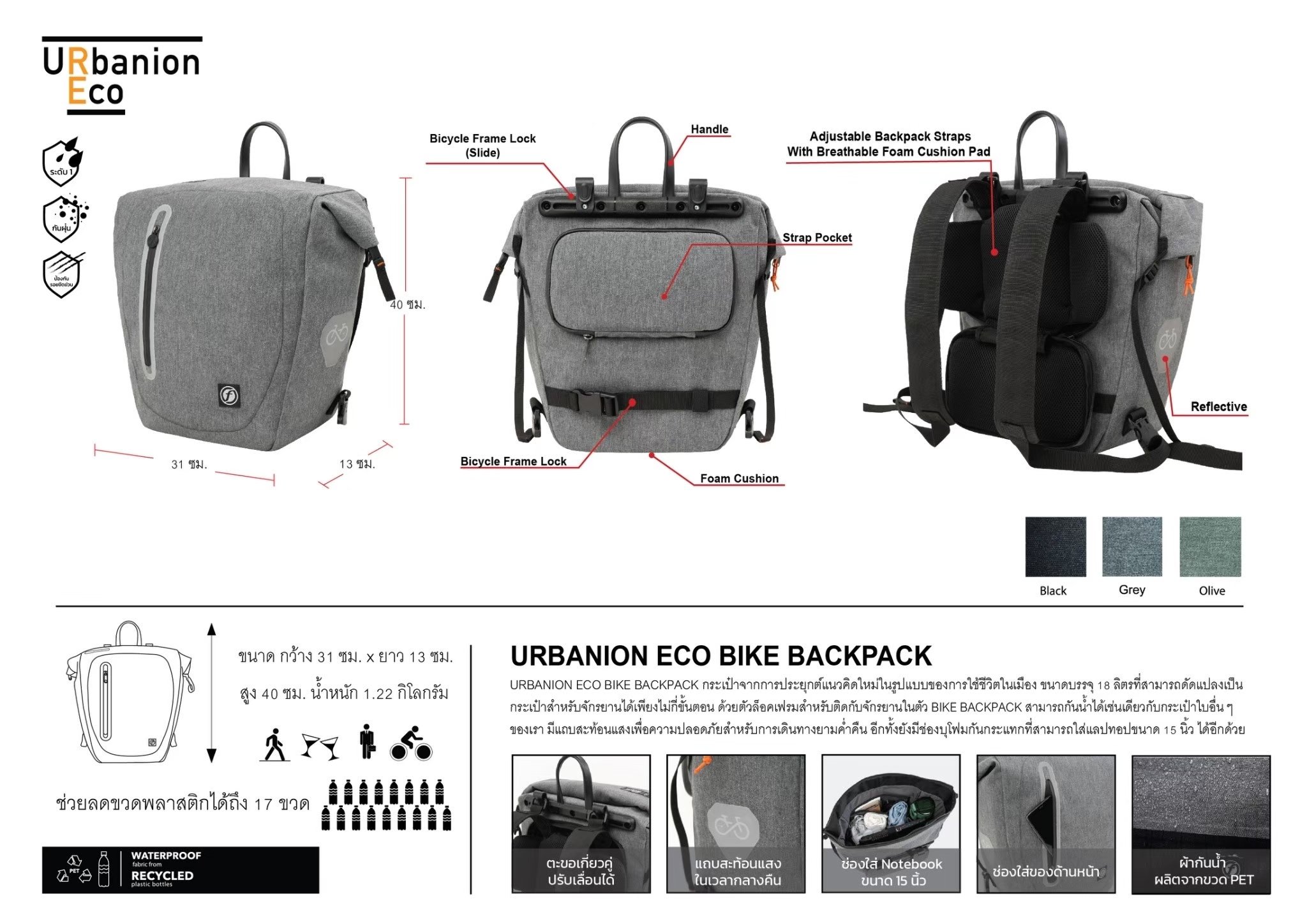 กระเป๋าจักรยานกันน้ำ DFEELFREE URBANION ECO BIKEPACK สี GREY_11